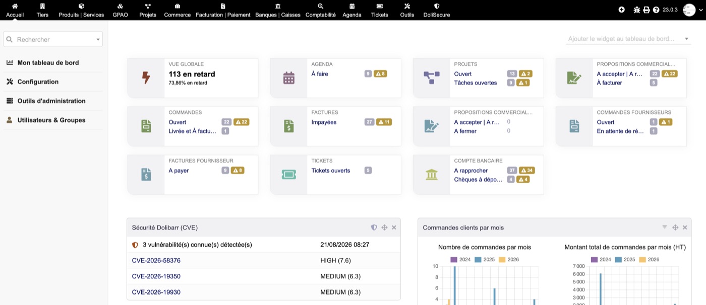 Widget de sécurité DoliSecure sur la page d’accueil de Dolibarr