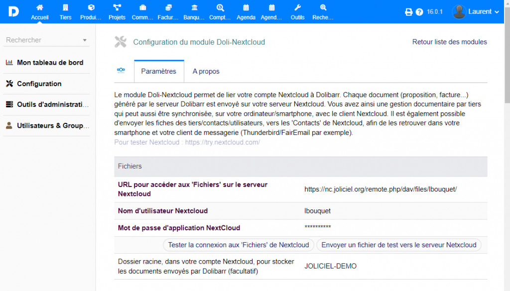 Configuration de la liaison Doli-Nextcloud